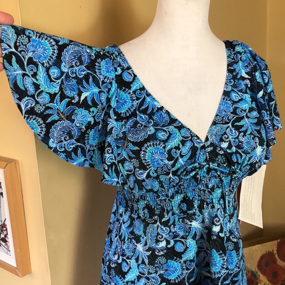 FIT FOR YOU size 16 Floral Scroll Fan V-Neck SMOCKED Ruched Empite Waist $78 NEW - Picture 3 of 15
